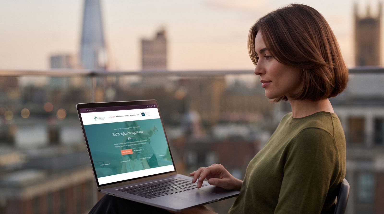 A woman in a sage green jumper using a laptop on a London rooftop at golden hour, browsing My Rehab Journey