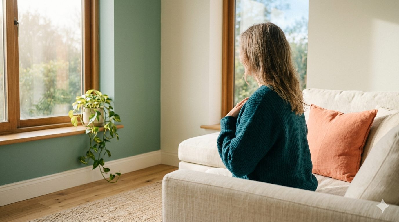 A person looking peacefully out of a window with sage green walls and a coral cushion, calm interior